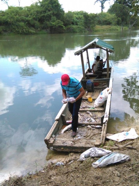 Fishermen gather dead fish to try to figure out what happened in the river. Photo courtesy of Evaristo Carmenate.